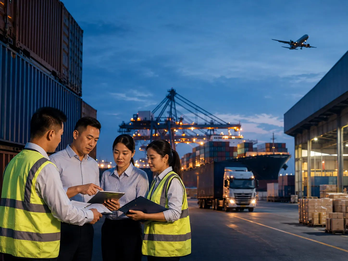 Freight operations team coordinating ocean, air, road and warehouse logistics in China